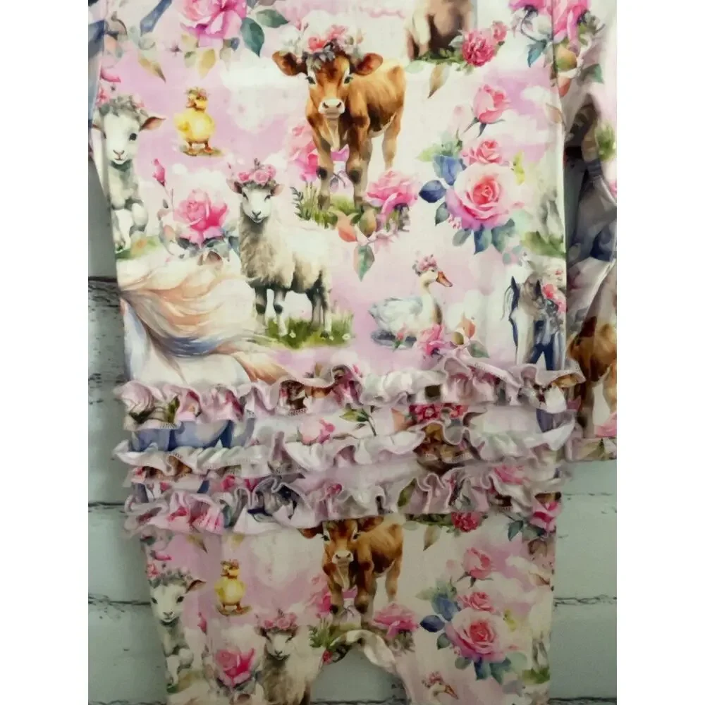 Bums & Roses Hay Girl Hay 9-12M Bamboo Ruffle Footie Farm Animals Floral